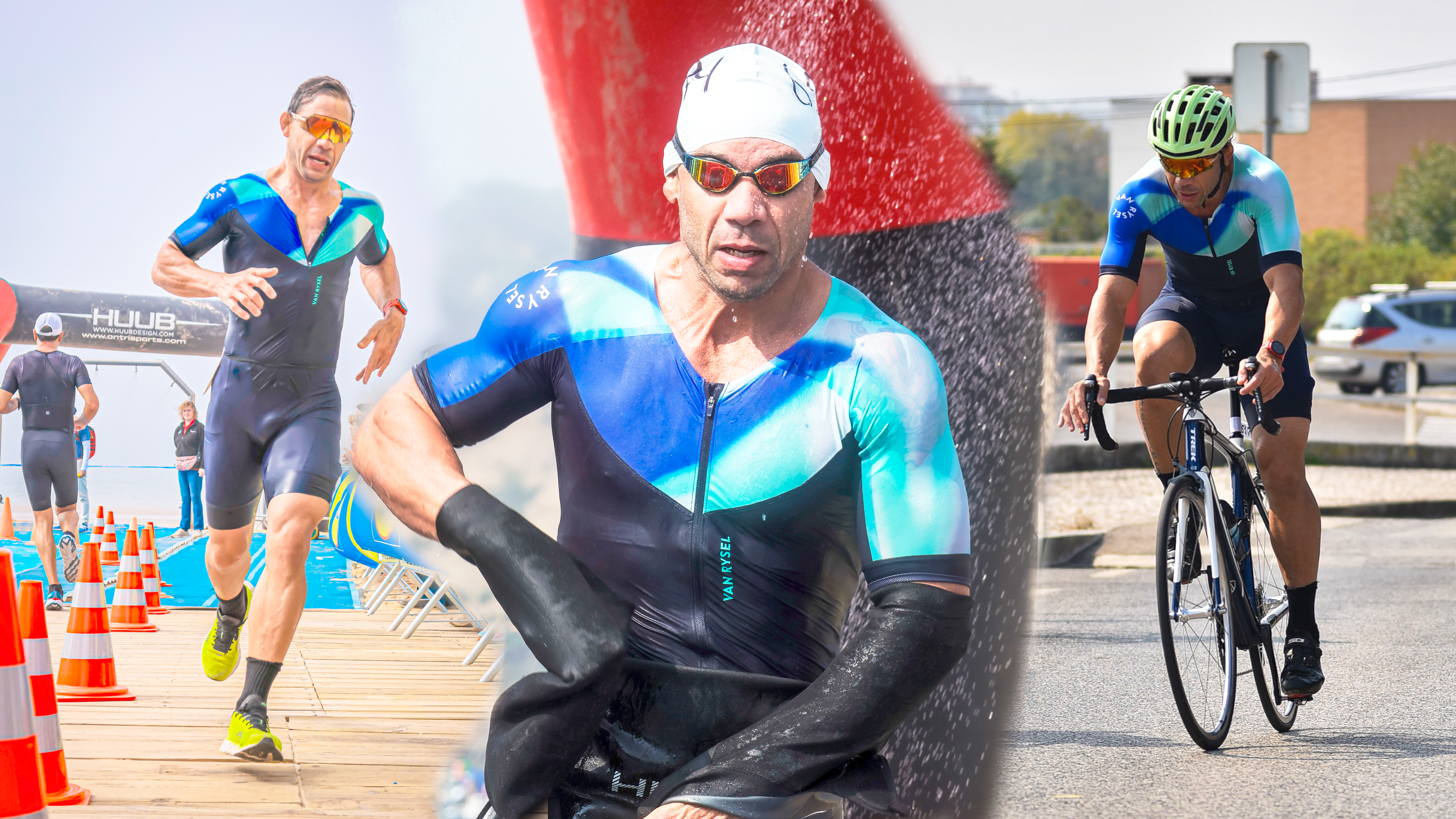 Imagem de triatleta nadando, correndo e pedalando